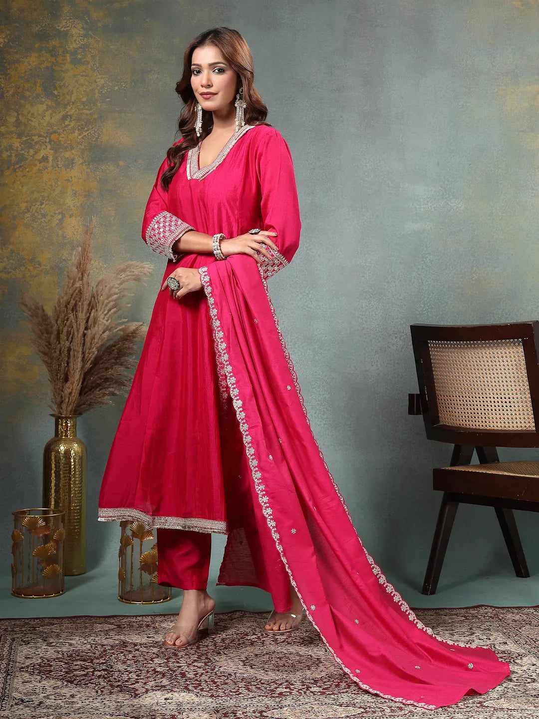 Pink Zari Work Yoke Or Border Anarkali Silk Blend Kurta Trouser Dupatta Set-Yufta Store-6754SKDPKM
