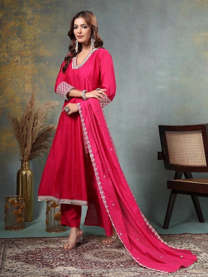 Pink Zari Work Yoke Or Border Anarkali Silk Blend Kurta Trouser Dupatta Set-Yufta Store-6754SKDPKM