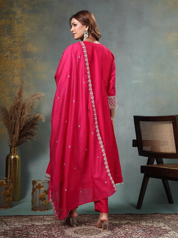 Pink Zari Work Yoke Or Border Anarkali Silk Blend Kurta Trouser Dupatta Set-Yufta Store-6754SKDPKM