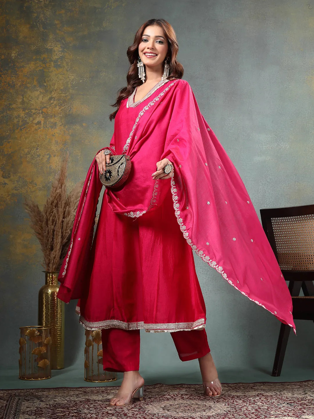 Pink Zari Work Yoke Or Border Anarkali Silk Blend Kurta Trouser Dupatta Set-Yufta Store-6754SKDPKM