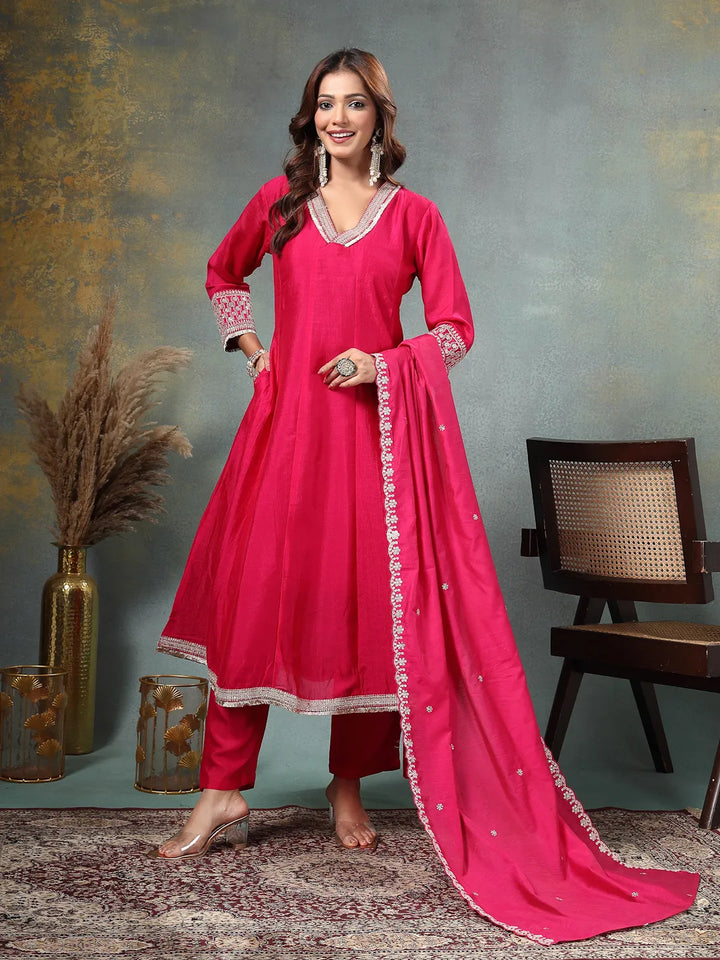 Pink Zari Work Yoke Or Border Anarkali Silk Blend Kurta Trouser Dupatta Set-Yufta Store-6754SKDPKM