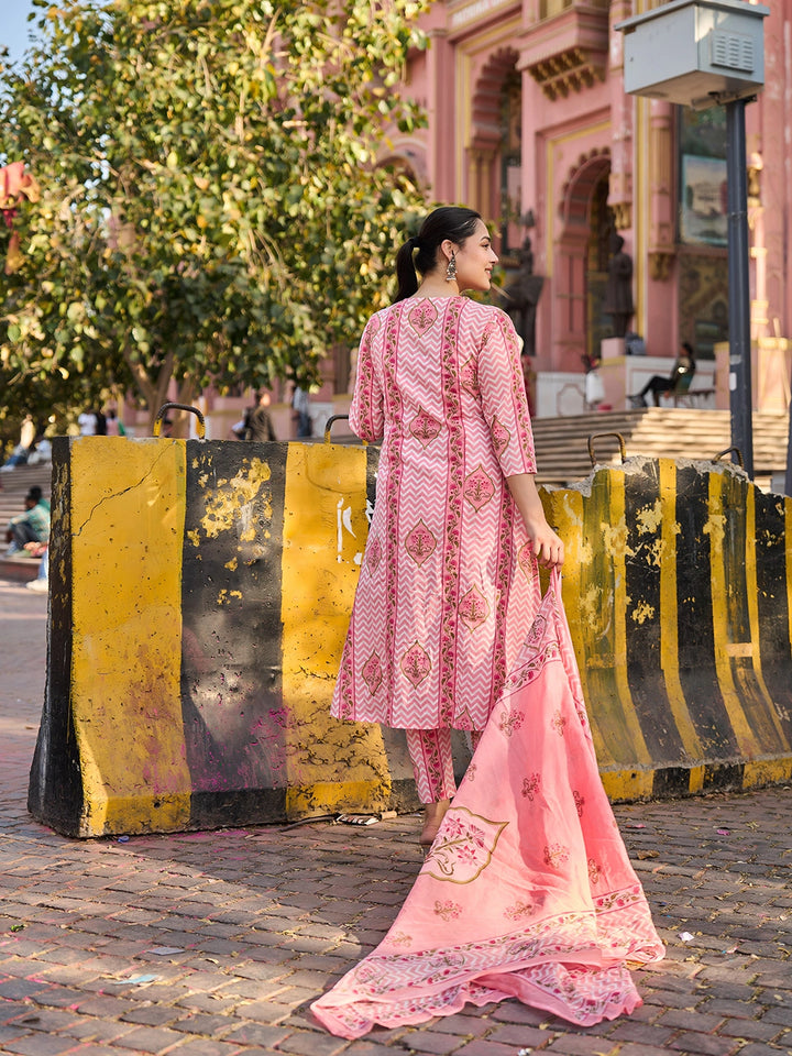 Pink Zig Zag Floral Print A-Line Design Kurta Trouser Dupatta Set-Yufta Store-7444SKDPKM