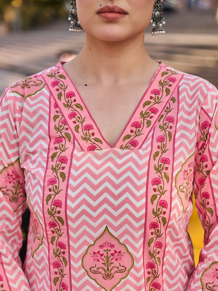 Pink Zig Zag Floral Print A-Line Design Kurta Trouser Dupatta Set-Yufta Store-7444SKDPKM