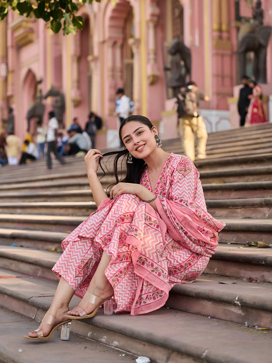 Pink Zig Zag Floral Print A-Line Design Kurta Trouser Dupatta Set-Yufta Store-7444SKDPKM