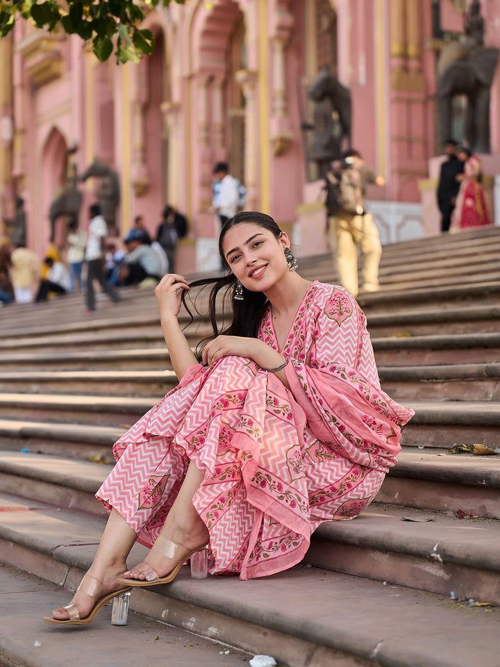 Pink Zig Zag Floral Print A-Line Design Kurta Trouser Dupatta Set-Yufta Store-7444SKDPKM