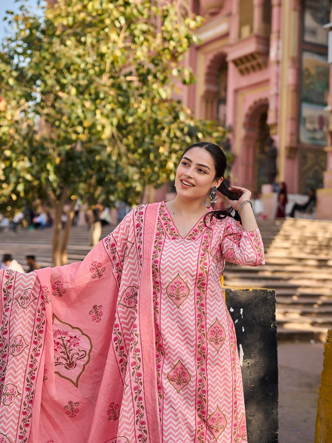 Pink Zig Zag Floral Print A-Line Design Kurta Trouser Dupatta Set-Yufta Store-7444SKDPKM