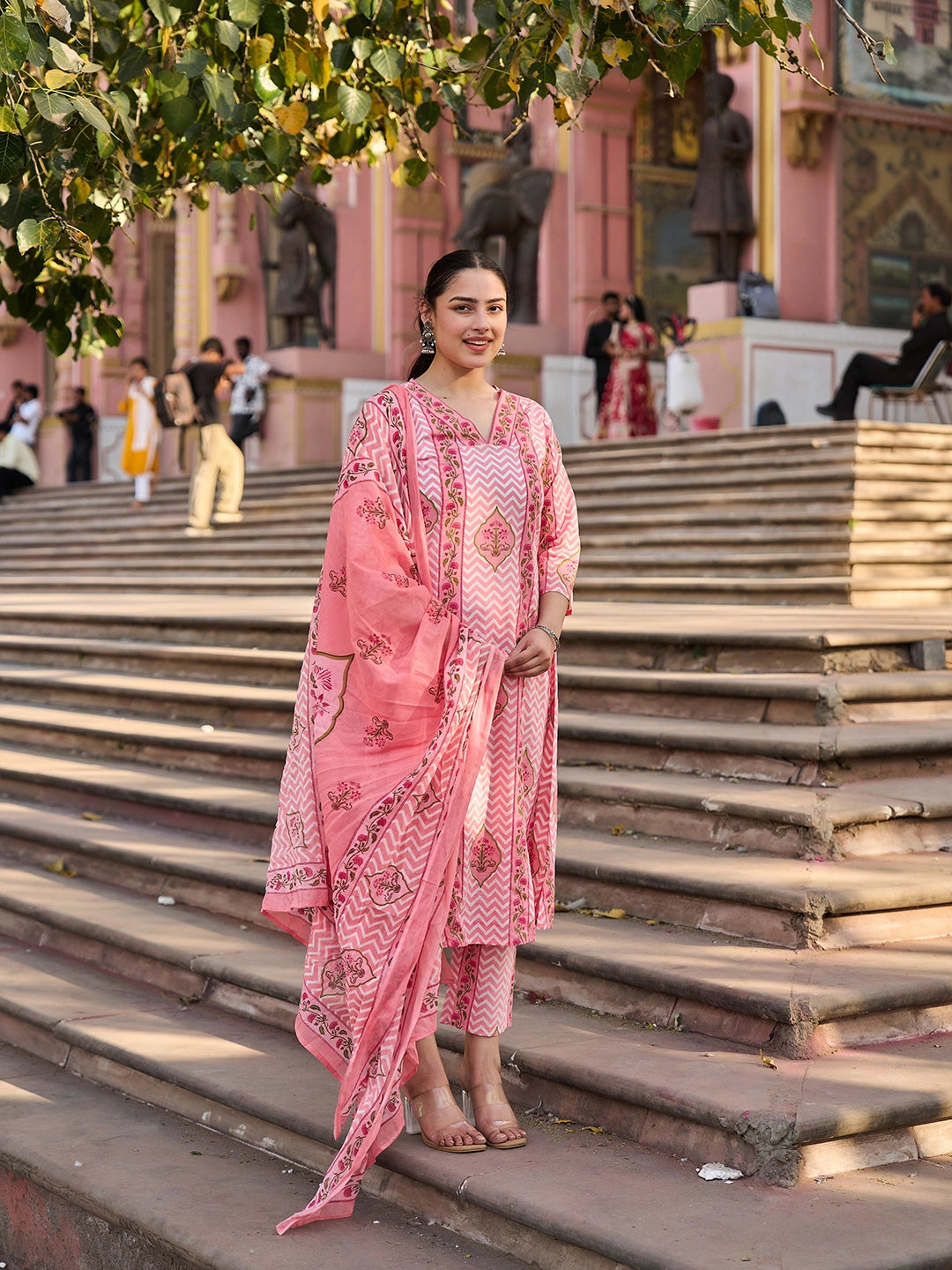 Pink Zig Zag Floral Print A-Line Design Kurta Trouser Dupatta Set-Yufta Store-7444SKDPKM