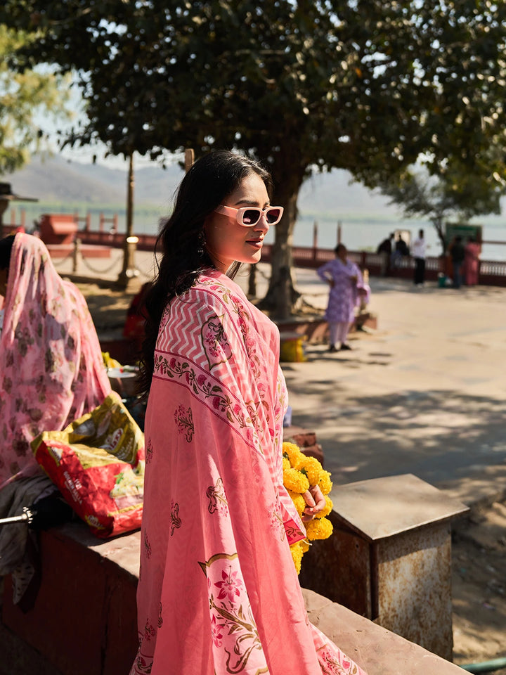 Pink Zig Zag Floral Print A-Line Design This Kurta Trouser Dupatta Set-Yufta Store-7454SKDPKM