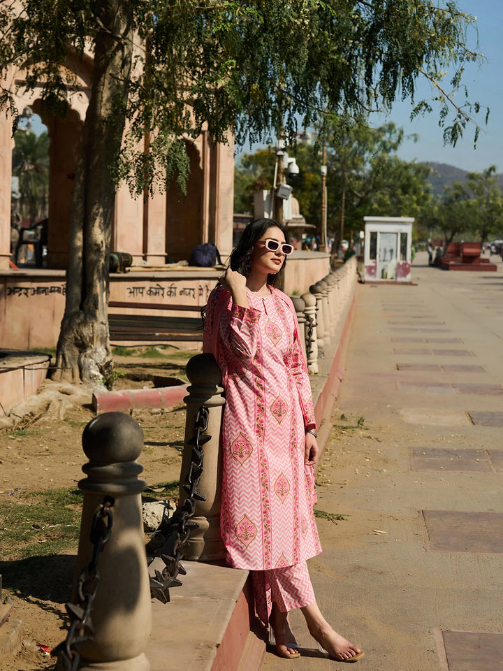 Pink Zig Zag Floral Print A-Line Design This Kurta Trouser Dupatta Set-Yufta Store-7454SKDPKM