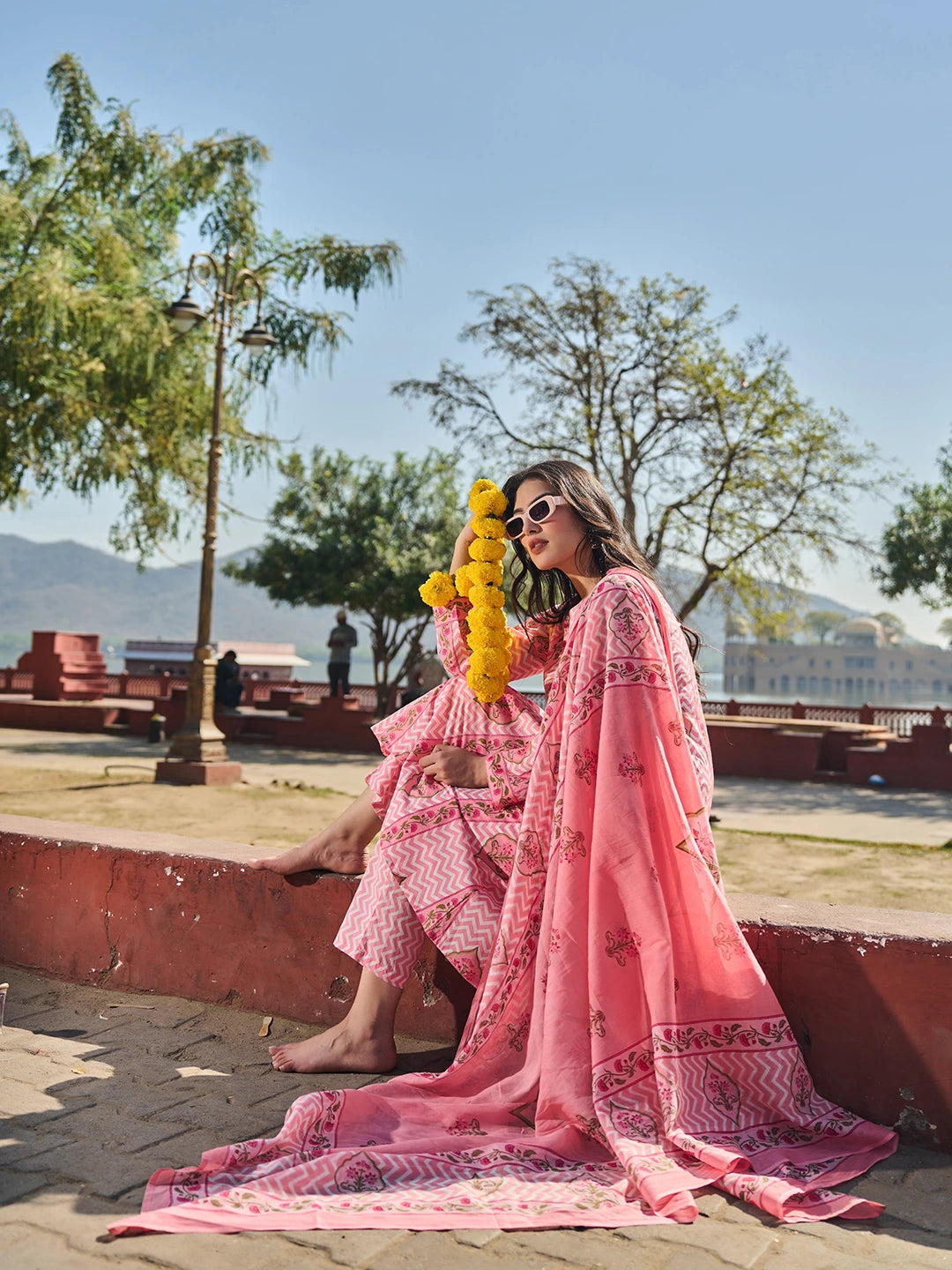 Pink Zig Zag Floral Print A-Line Design This Kurta Trouser Dupatta Set-Yufta Store-7454SKDPKM