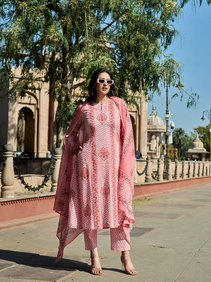 Pink Zig Zag Floral Print A-Line Design This Kurta Trouser Dupatta Set-Yufta Store-7454SKDPKM