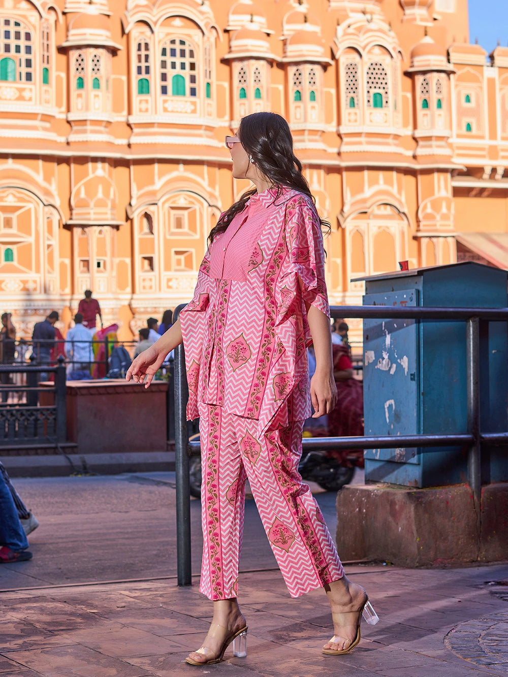 Pink Zig Zag Floral Print Kaftan Trouser Co-Ord Set-Yufta Store-7455CRDPKM