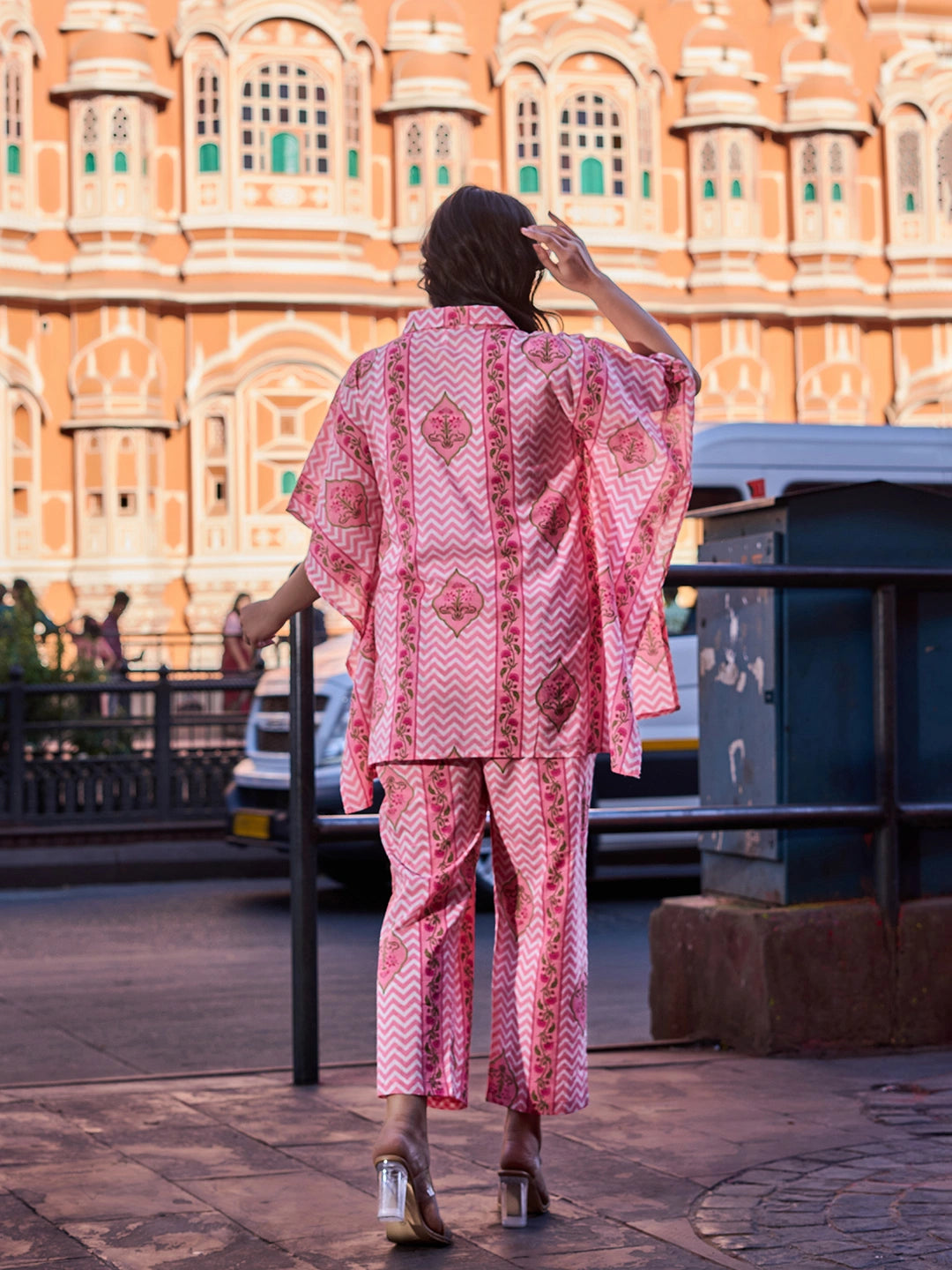 Pink Zig Zag Floral Print Kaftan Trouser Co-Ord Set-Yufta Store-7455CRDPKM