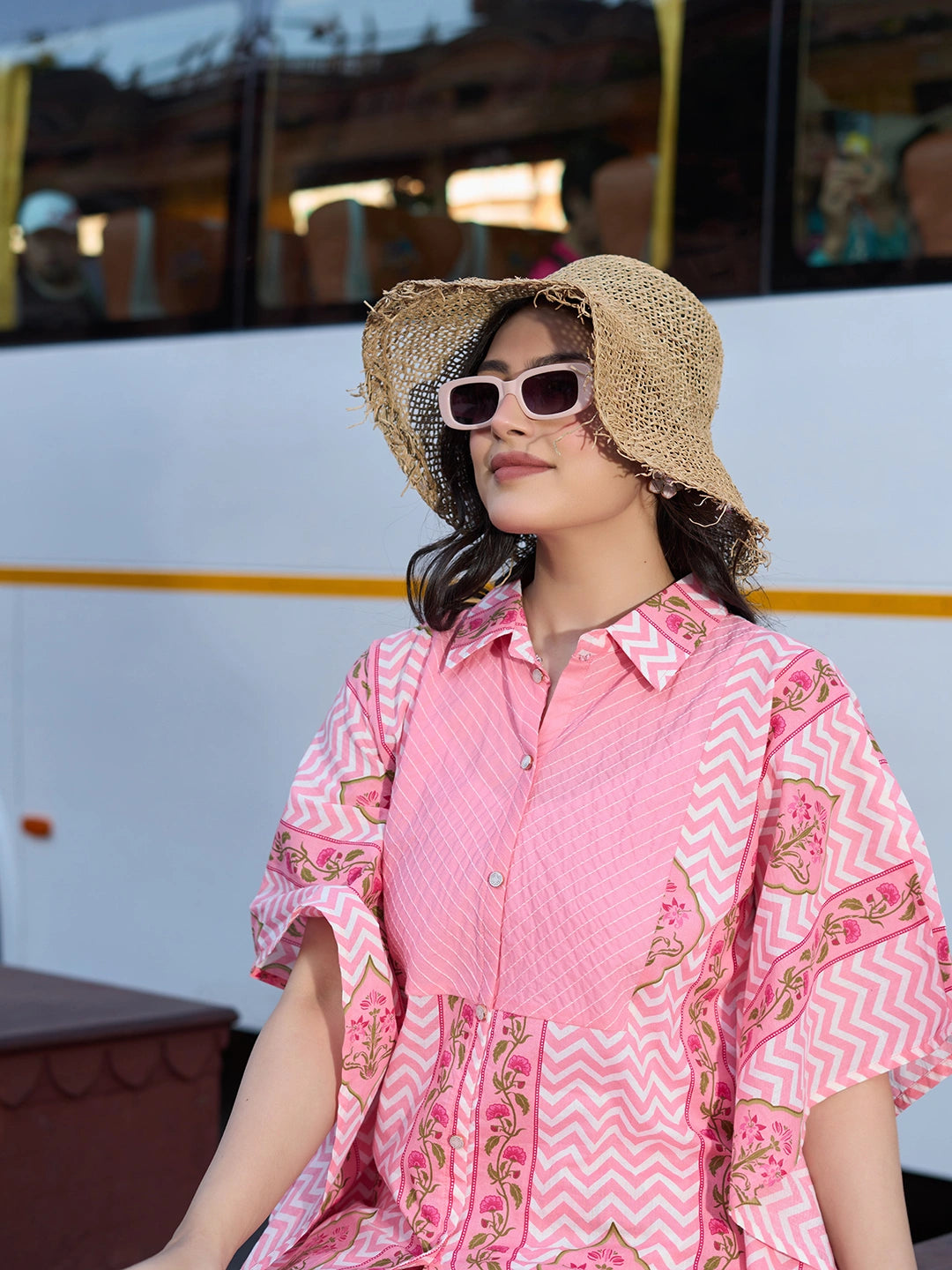 Pink Zig Zag Floral Print Kaftan Trouser Co-Ord Set-Yufta Store-7455CRDPKM