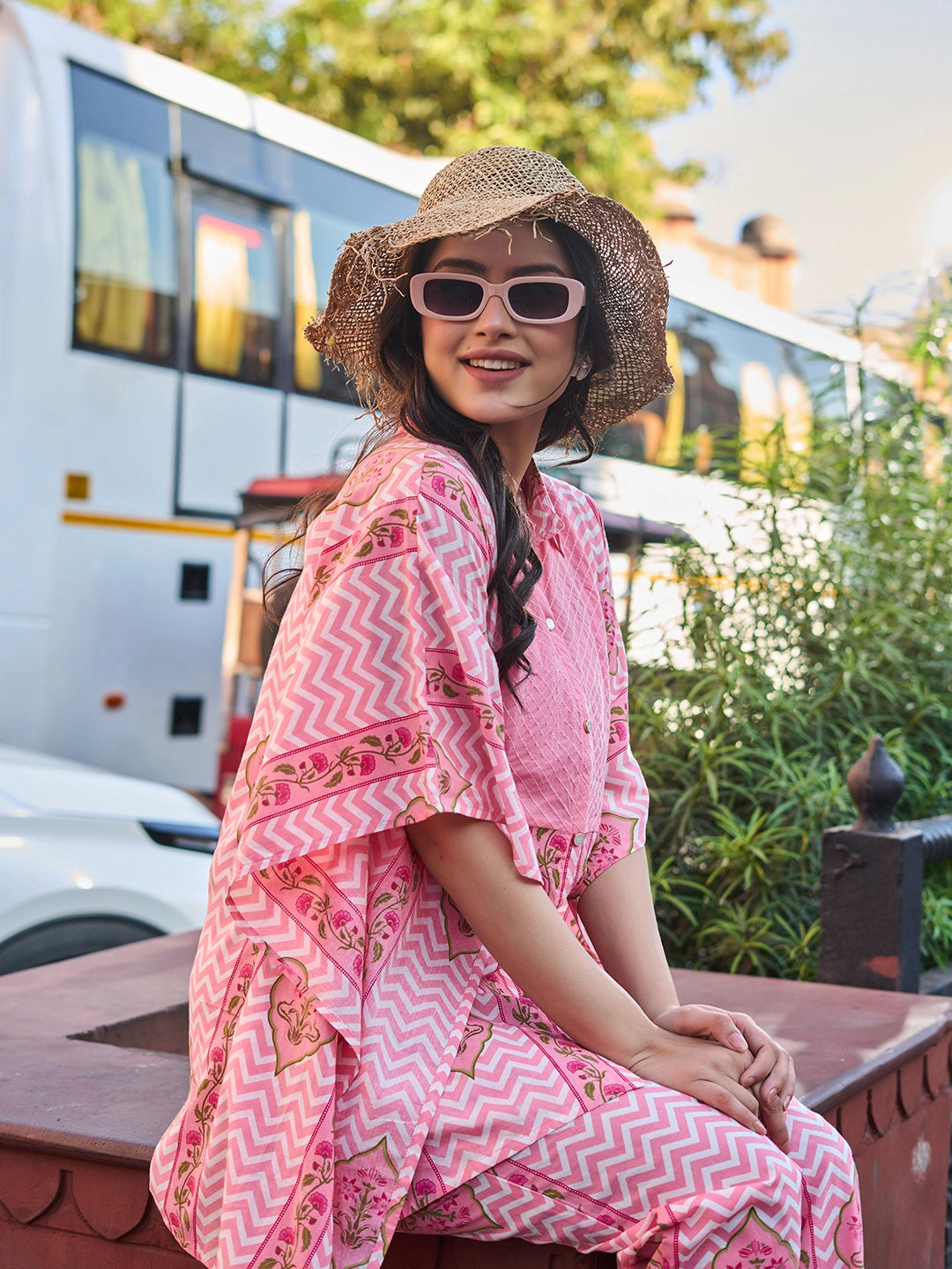 Pink Zig Zag Floral Print Kaftan Trouser Co-Ord Set-Yufta Store-7455CRDPKM