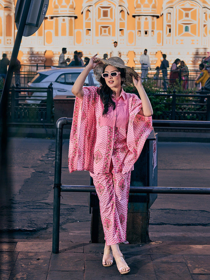 Pink Zig Zag Floral Print Kaftan Trouser Co-Ord Set-Yufta Store-7455CRDPKM