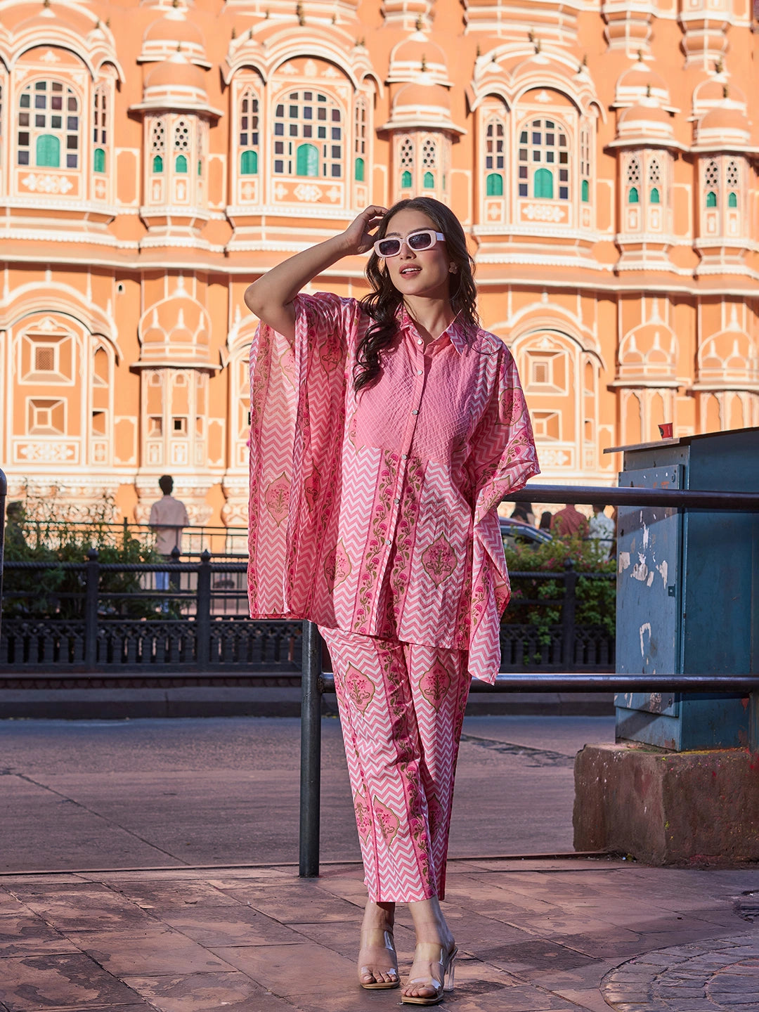 Pink Zig Zag Floral Print Kaftan Trouser Co-Ord Set-Yufta Store-7455CRDPKM