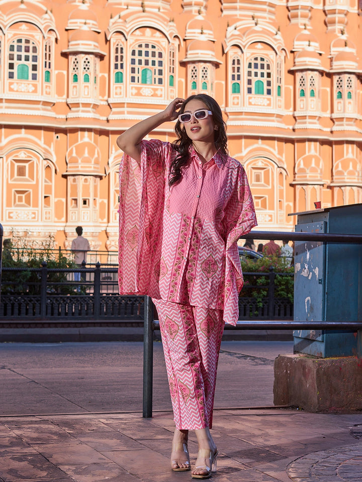 Pink Zig Zag Floral Print Kaftan Trouser Co-Ord Set-Yufta Store-7455CRDPKM