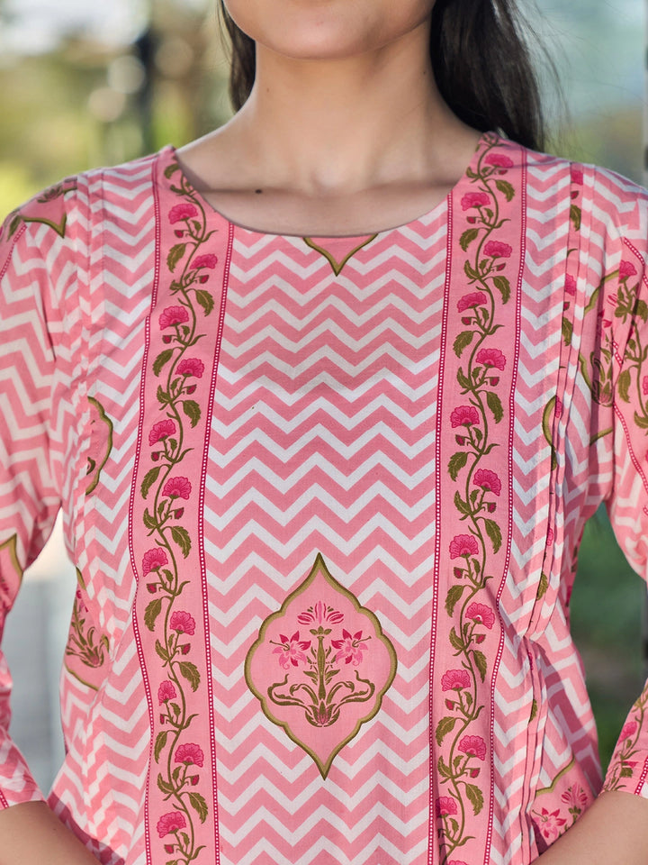 Pink Zig Zag Thigh Length Co-Ord Set-Yufta Store-7456CRDPKM
