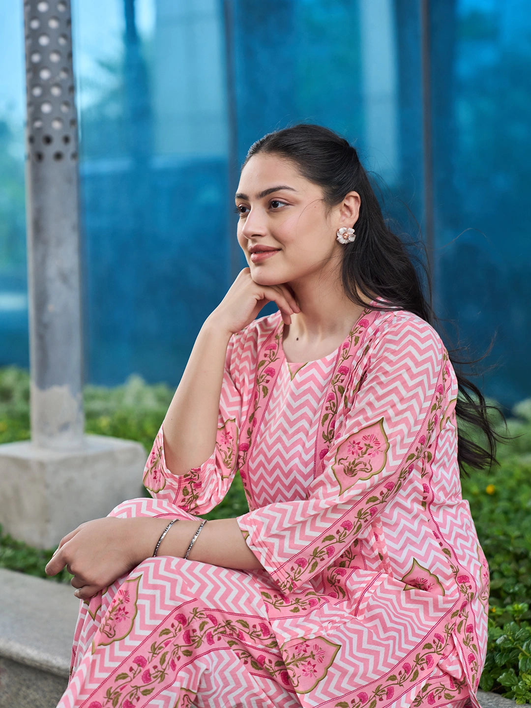 Pink Zig Zag Thigh Length Co-Ord Set-Yufta Store-7456CRDPKM