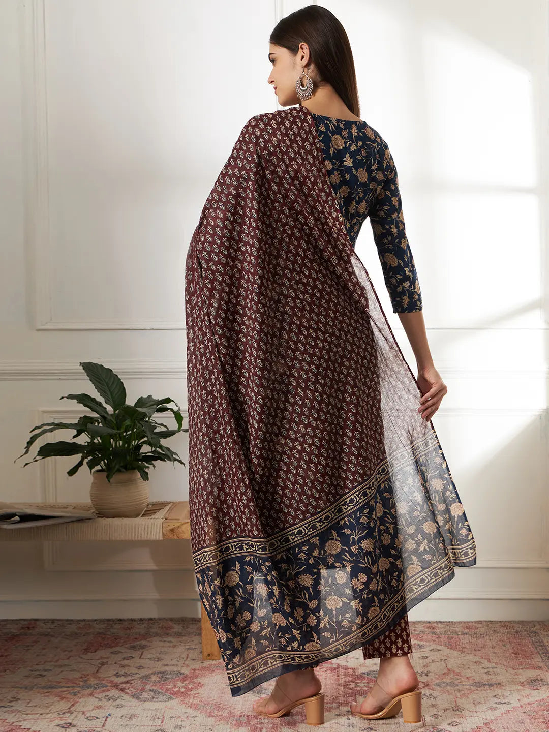 Piping On Yoke Floral Print Blue Cotton Kurta Set With Dupatta Set-Yufta Store-6881SKDBLS