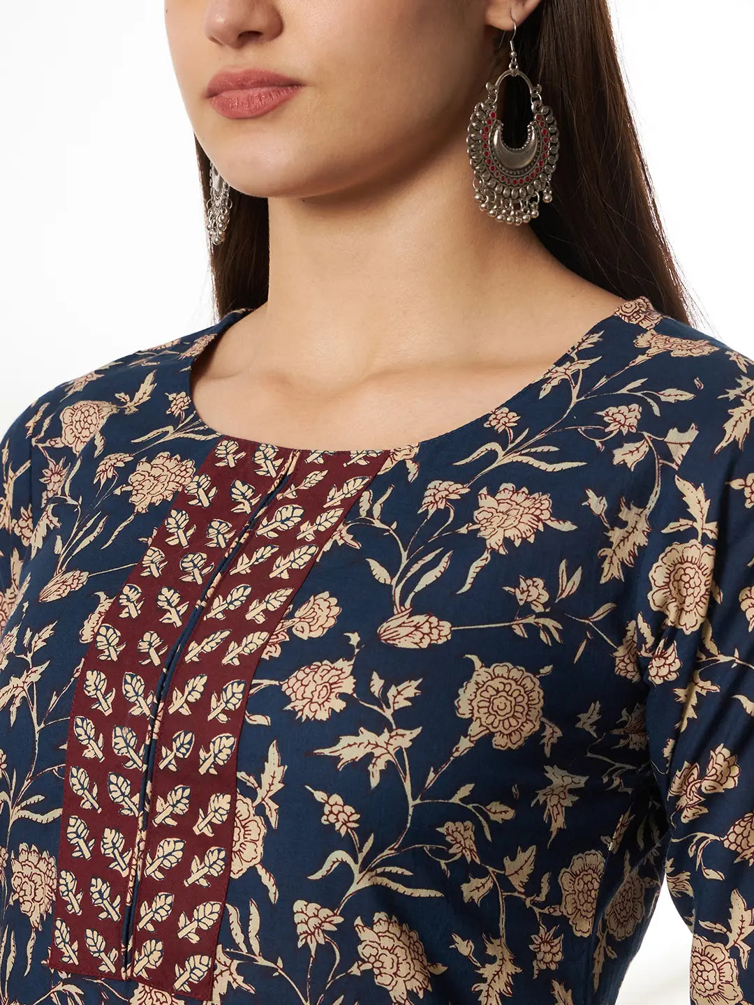 Piping On Yoke Floral Print Blue Cotton Kurta Set With Dupatta Set-Yufta Store-6881SKDBLS
