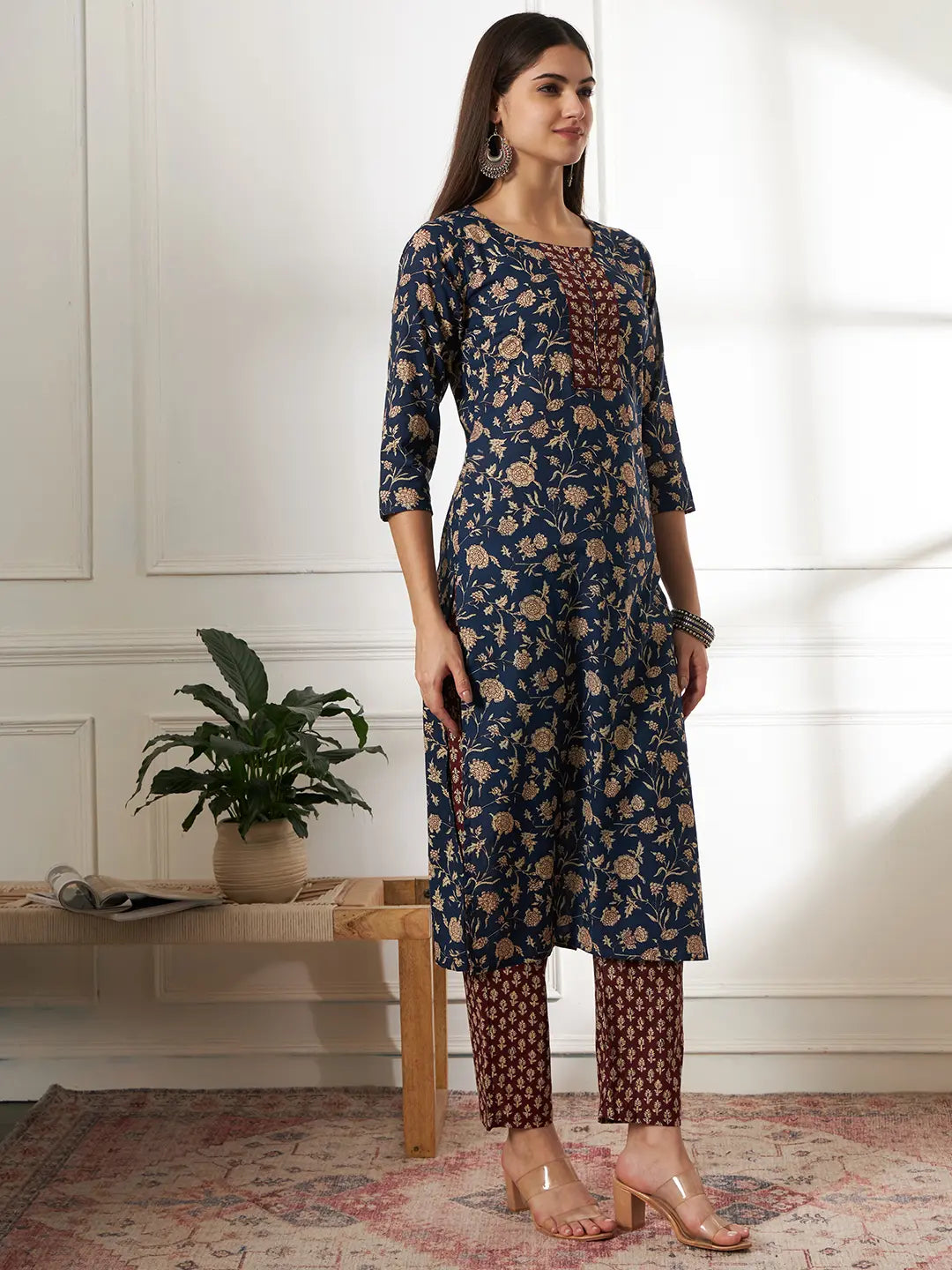 Piping On Yoke Floral Print Blue Cotton Kurta Set With Dupatta Set-Yufta Store-6881SKDBLS