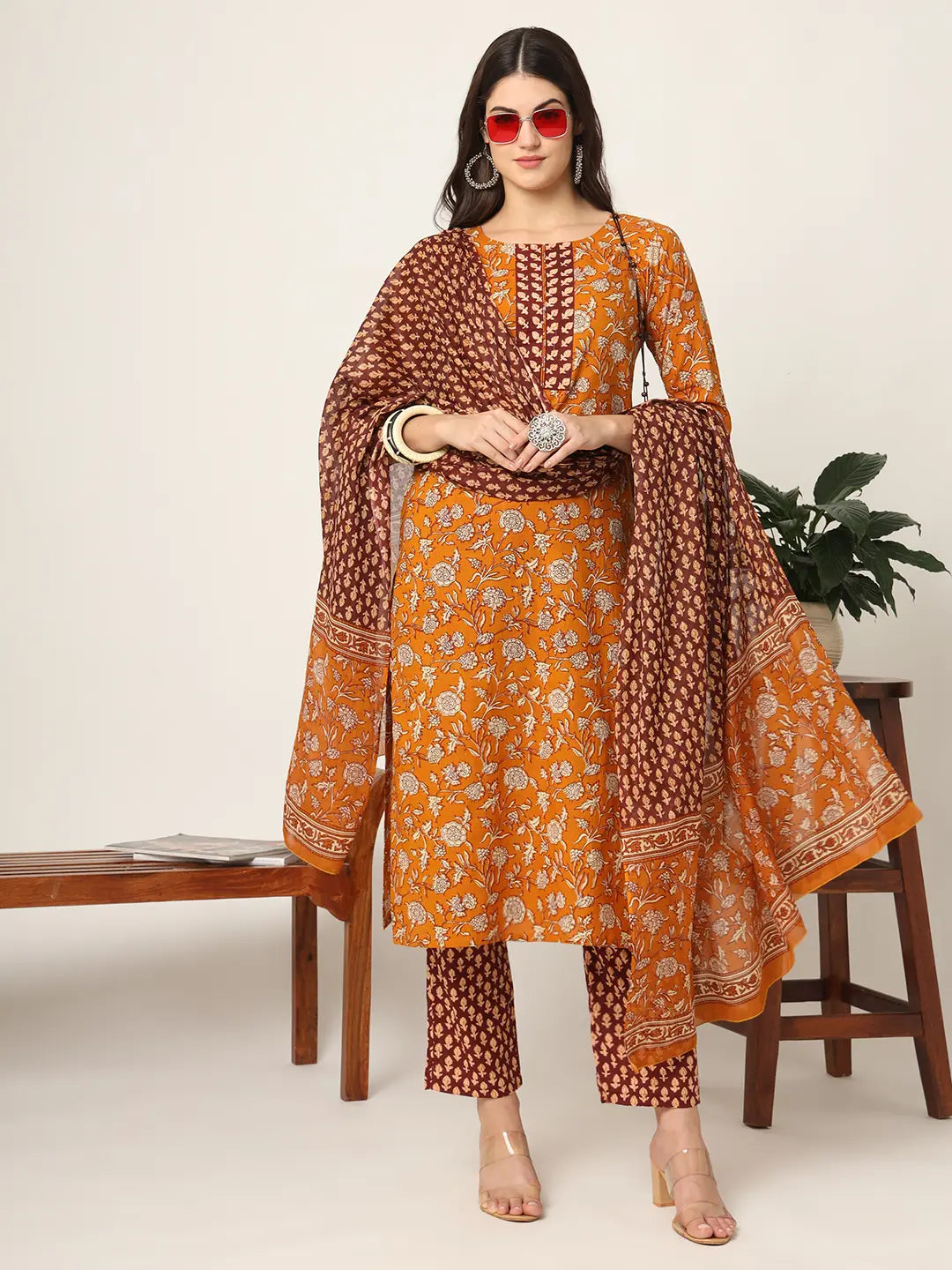 Piping On Yoke Floral Print Mustard Cotton Kurta Set With Dupatta Set-Yufta Store-6881SKDMSS