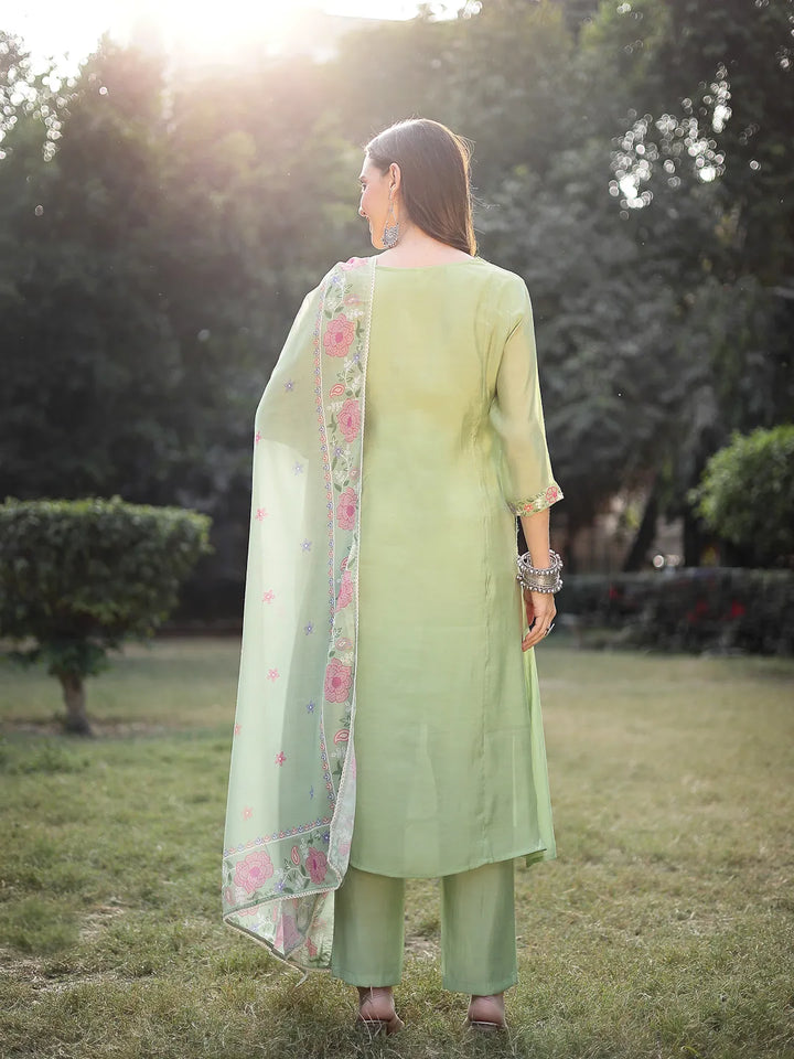 Pista Green Resham Embroidery A-Line Chanderi Silk Kurta Trouser Dupatta Set