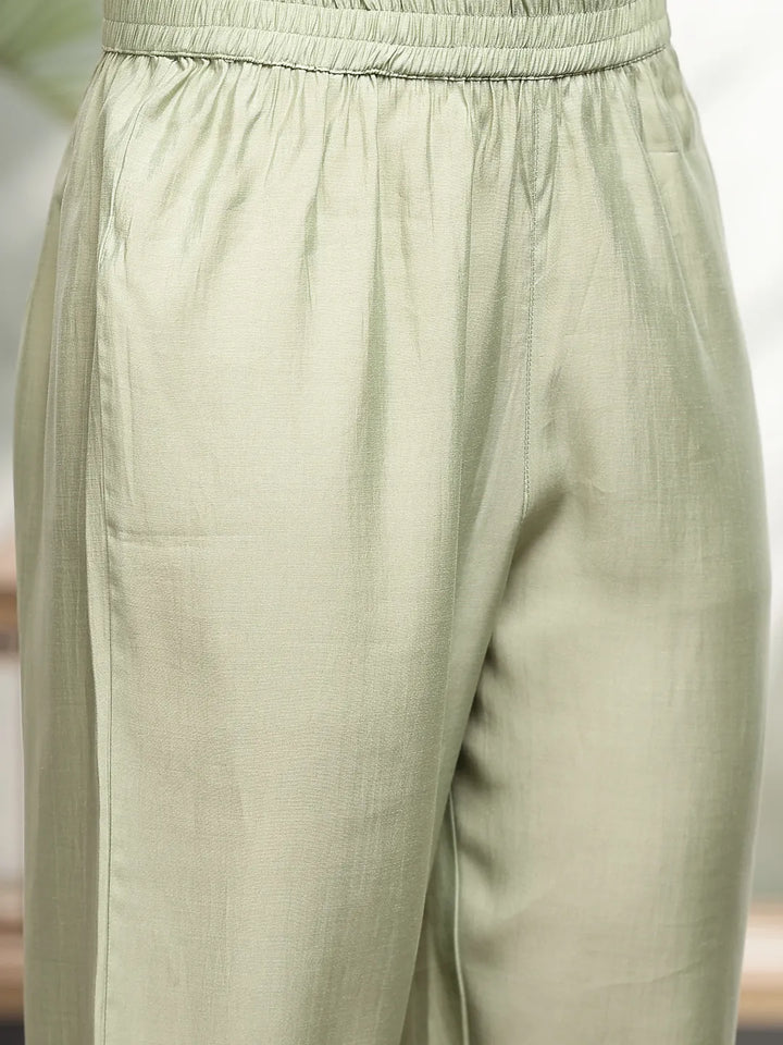 Pista Green Resham Embroidery A-Line Chanderi Silk Kurta Trouser Dupatta Set