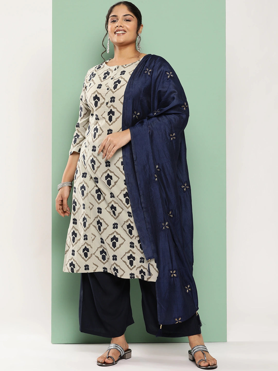 Plus Size Ethnic Motifs Printed Pure Cotton Kurta with Palazzos & With Dupatta-Yufta Store-1555PSKDBG3XL
