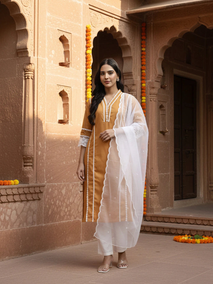 Premium Cotton Poplin Bronze Kurta Dupatta Pant Set-Yufta Store-6417SKDBRM