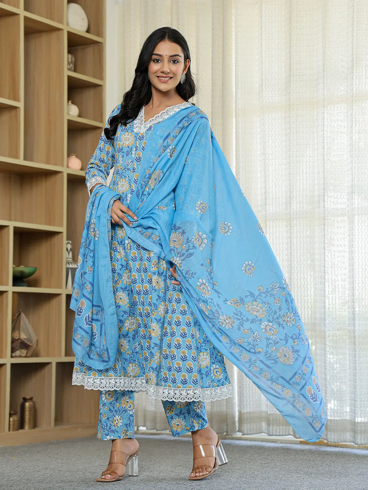 Pure Cotton Blue Anarkali Kurta Dupatta Set With Lacework-Yufta Store-1071SKDBLM
