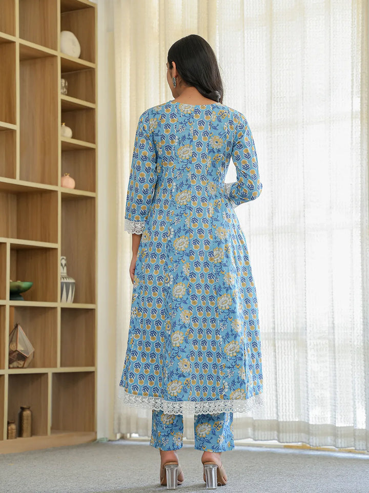 Pure Cotton Blue Anarkali Kurta Dupatta Set With Lacework-Yufta Store-1071SKDBLM
