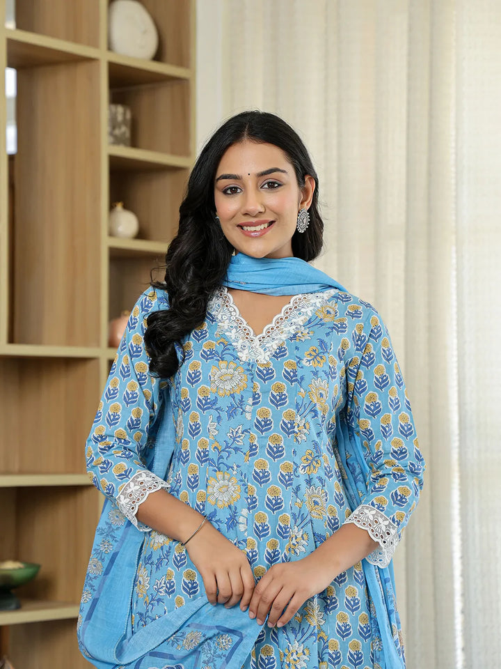 Pure Cotton Blue Anarkali Kurta Dupatta Set With Lacework-Yufta Store-1071SKDBLM