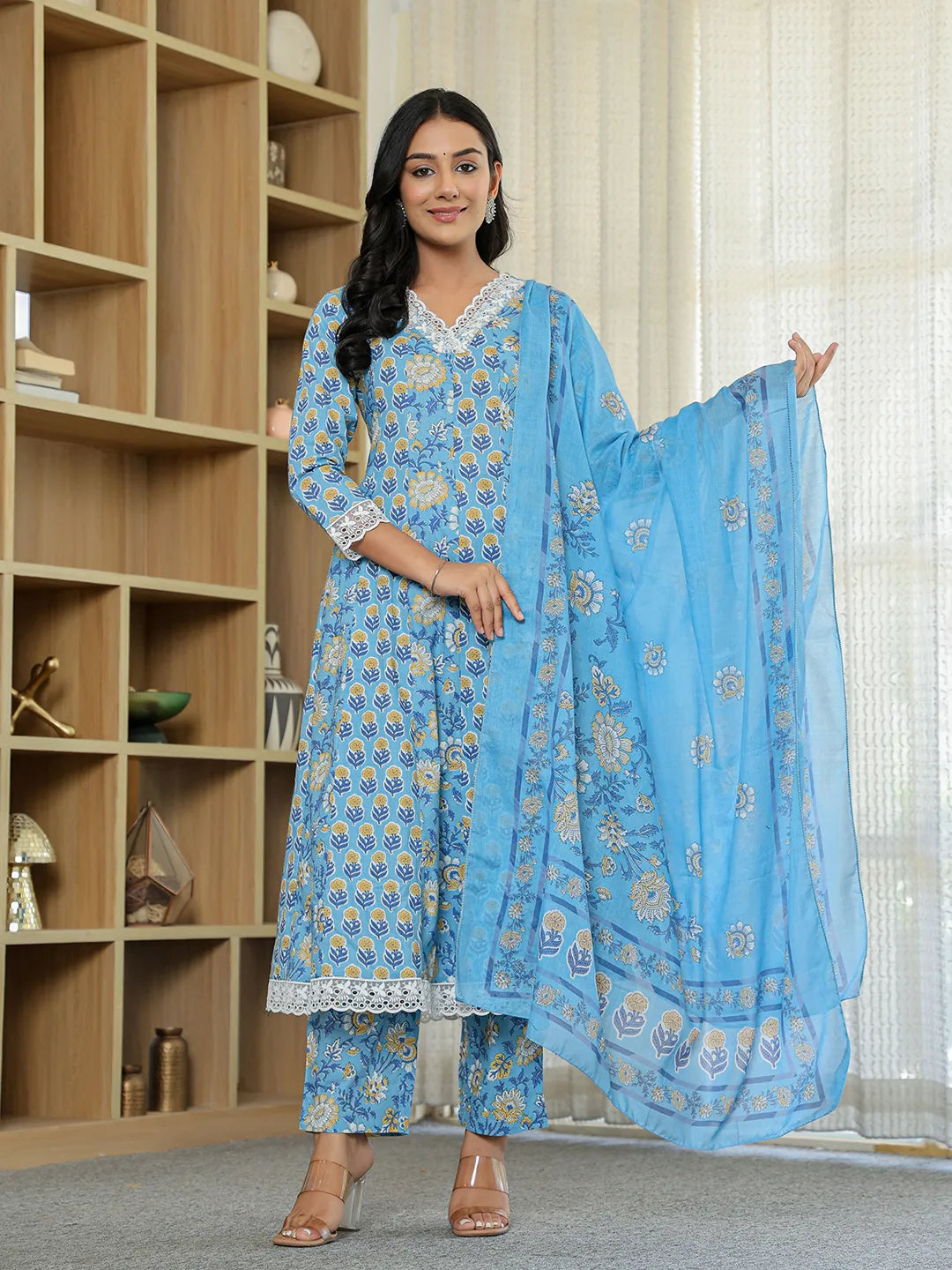 Pure Cotton Blue Anarkali Kurta Dupatta Set With Lacework-Yufta Store-1071SKDBLM
