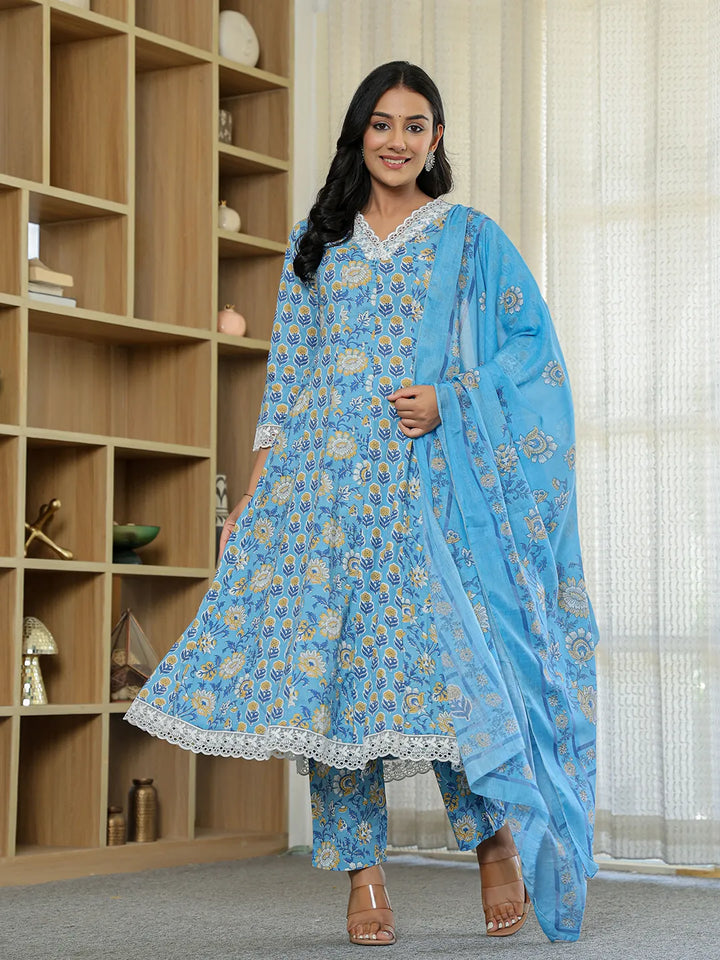 Pure Cotton Blue Anarkali Kurta Dupatta Set With Lacework-Yufta Store-1071SKDBLM