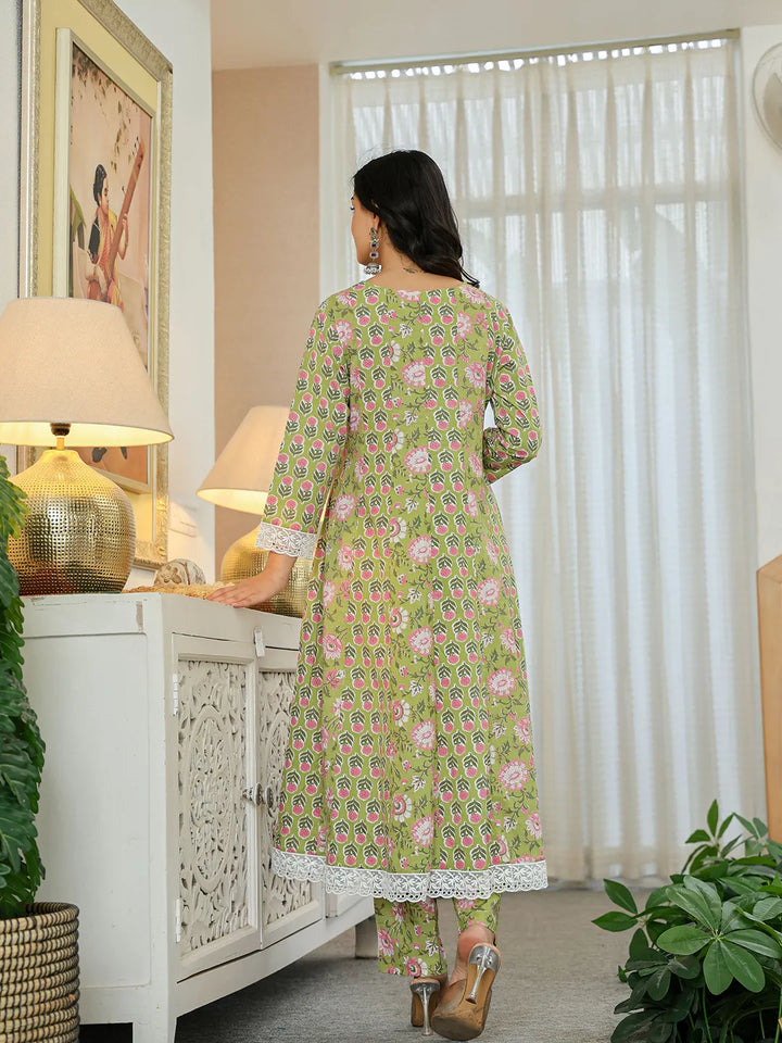 Pure Cotton Green Anarkali Kurta Dupatta Set With Lacework-Yufta Store-6020SKDGRM