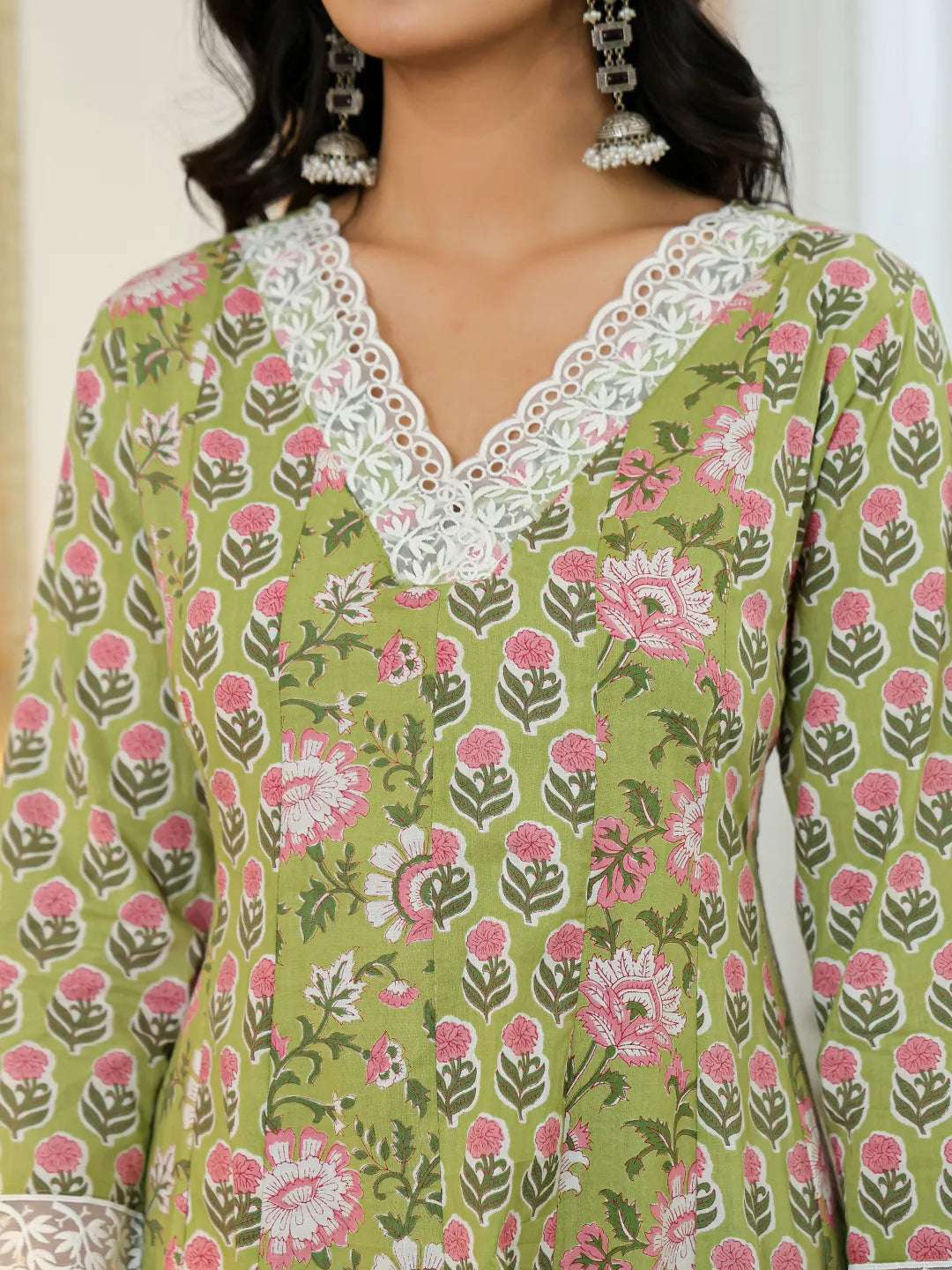 Pure Cotton Green Anarkali Kurta Dupatta Set With Lacework-Yufta Store-6020SKDGRM