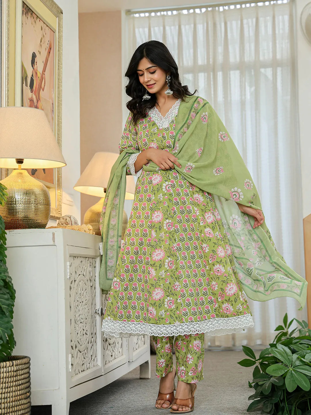 Pure Cotton Green Anarkali Kurta Dupatta Set With Lacework-Yufta Store-6020SKDGRM