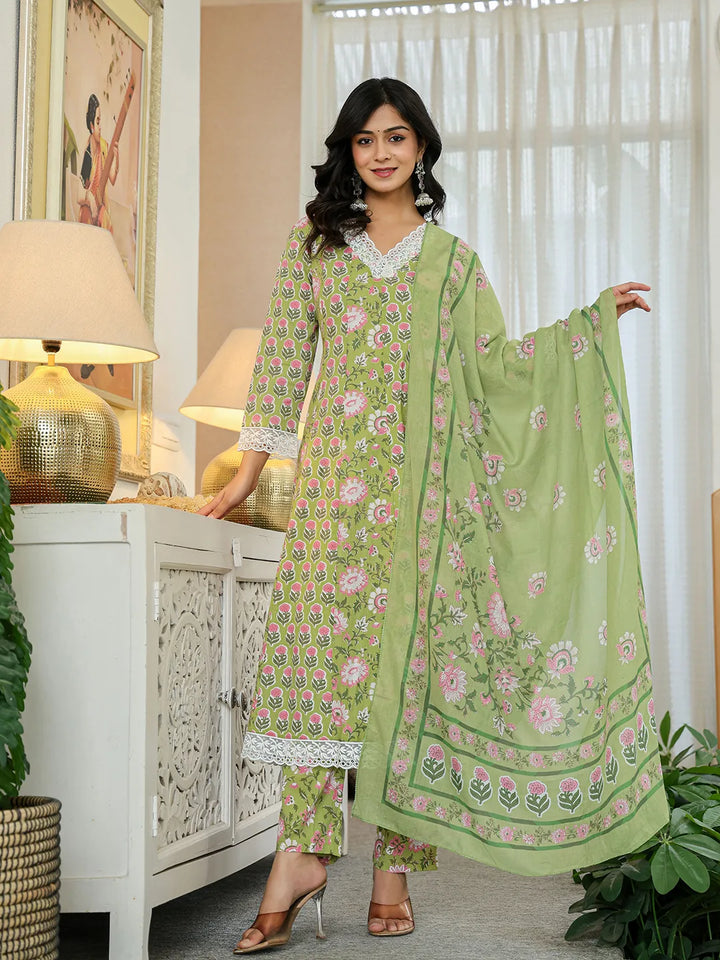 Pure Cotton Green Anarkali Kurta Dupatta Set With Lacework-Yufta Store-6020SKDGRM