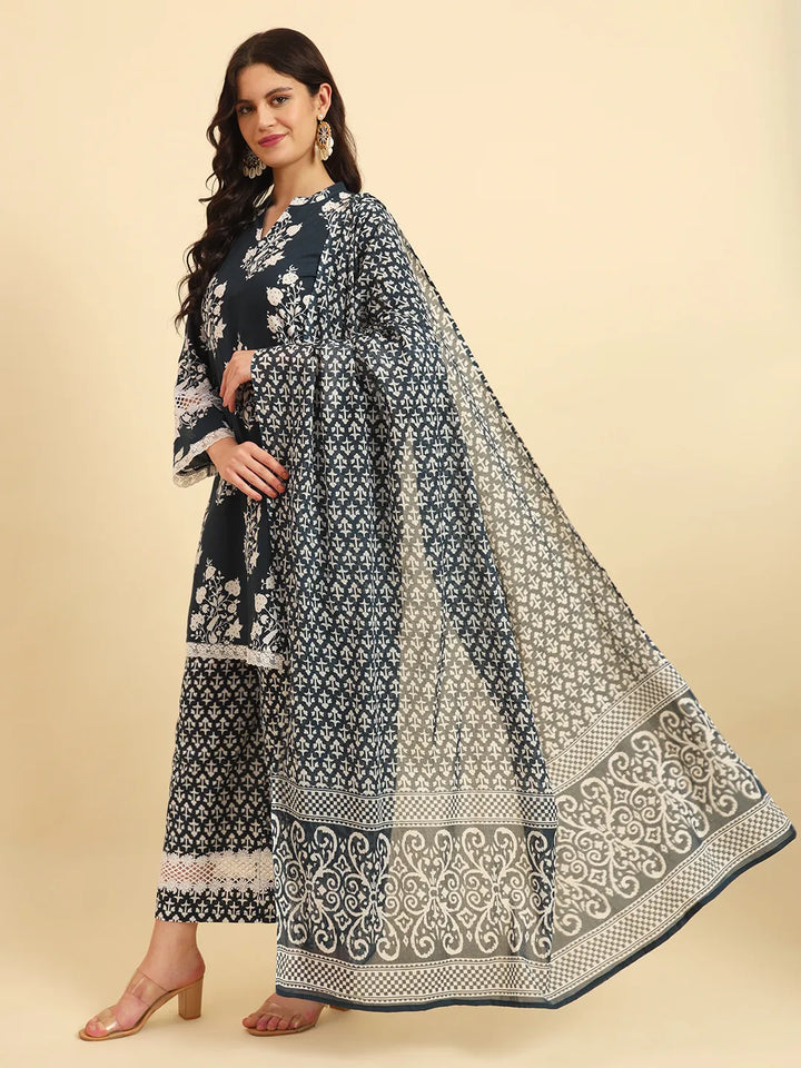 Pure Cotton Pakistani Style Kurta Set With Pant & Dupatta With Lace Detailing-Yufta Store-6155SKDNBM