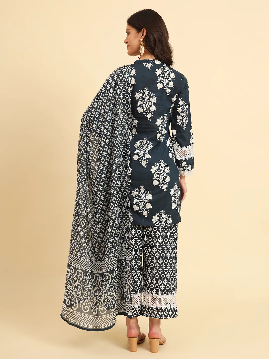 Pure Cotton Pakistani Style Kurta Set With Pant & Dupatta With Lace Detailing-Yufta Store-6155SKDNBM