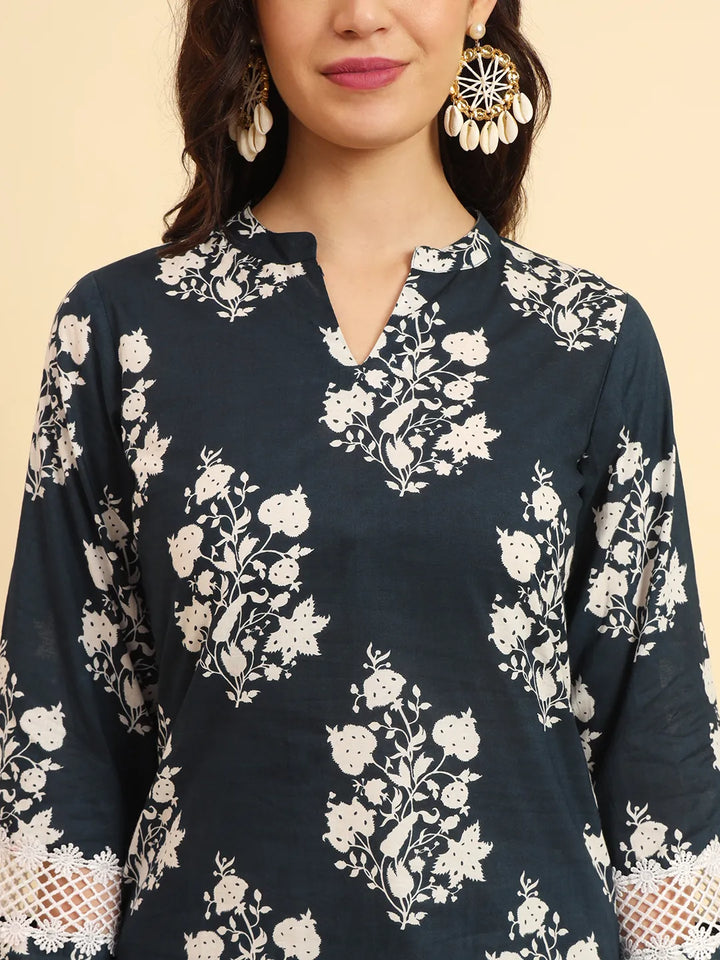 Pure Cotton Pakistani Style Kurta Set With Pant & Dupatta With Lace Detailing-Yufta Store-6155SKDNBM