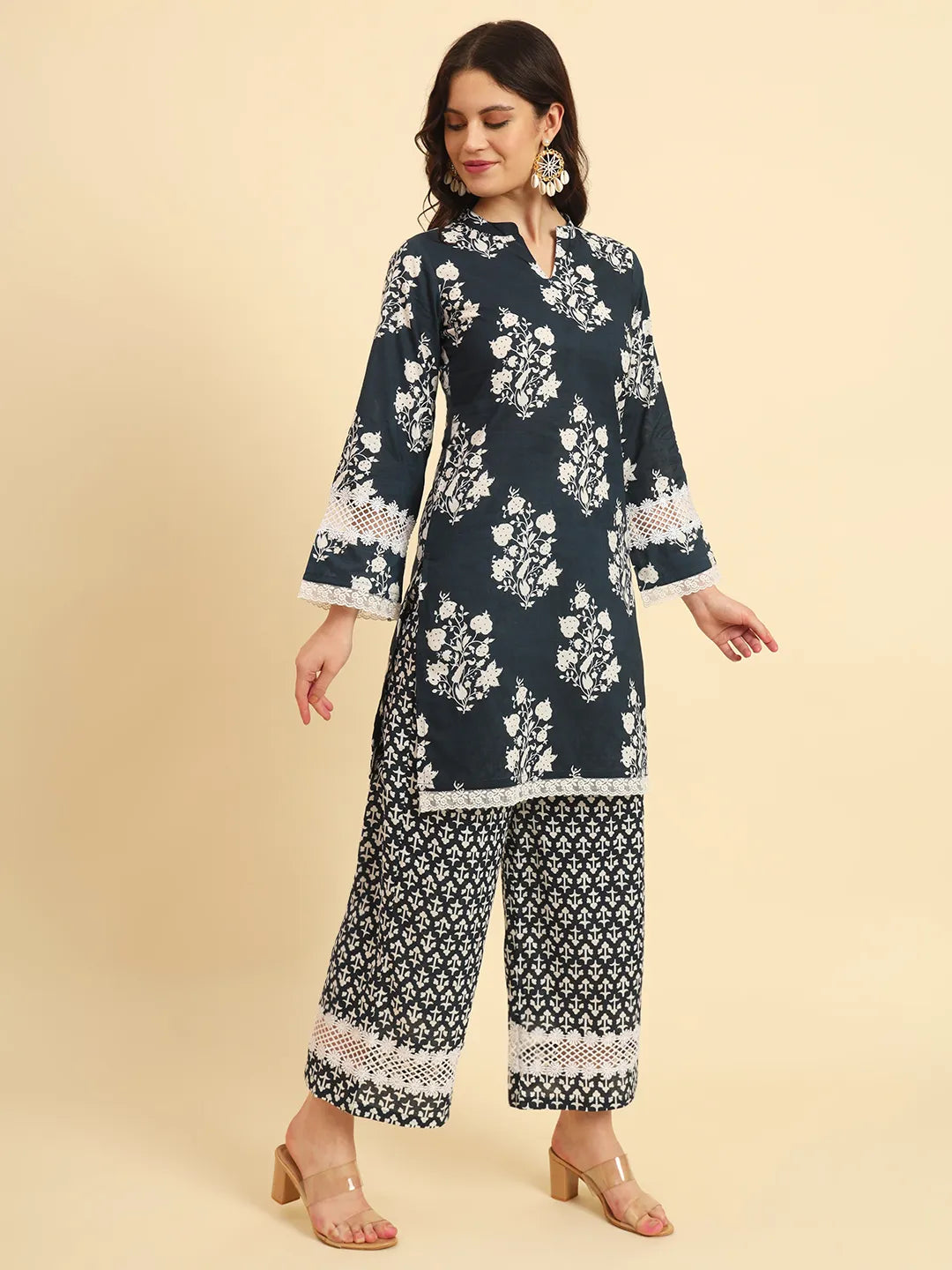 Pure Cotton Pakistani Style Kurta Set With Pant & Dupatta With Lace Detailing-Yufta Store-6155SKDNBM