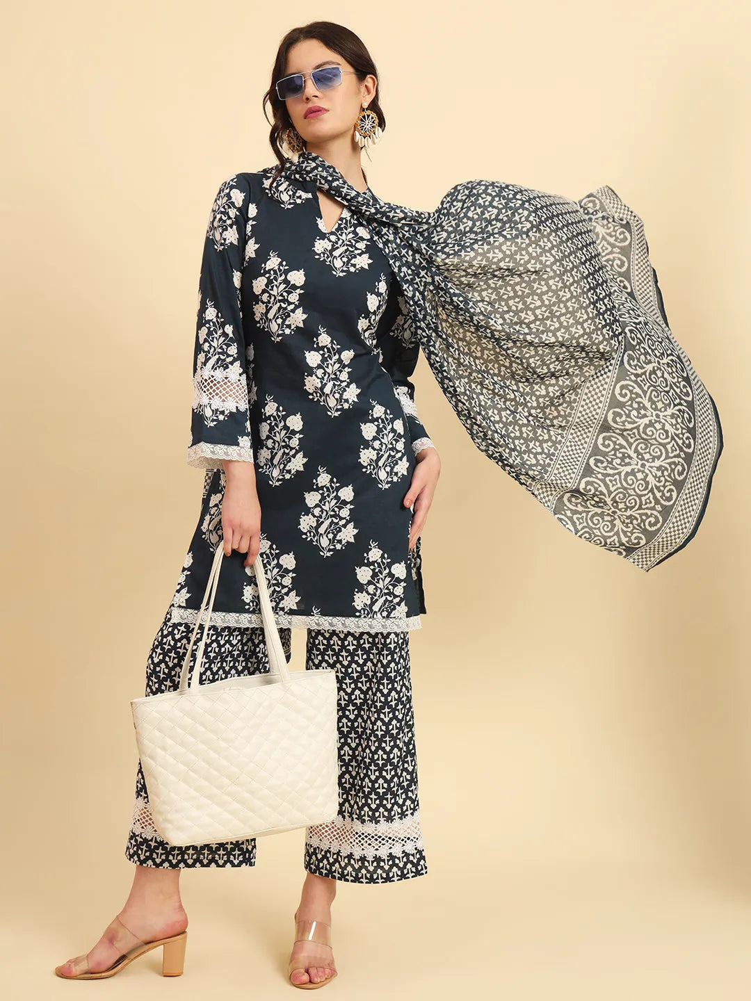 Pure Cotton Pakistani Style Kurta Set With Pant & Dupatta With Lace Detailing-Yufta Store-6155SKDNBM