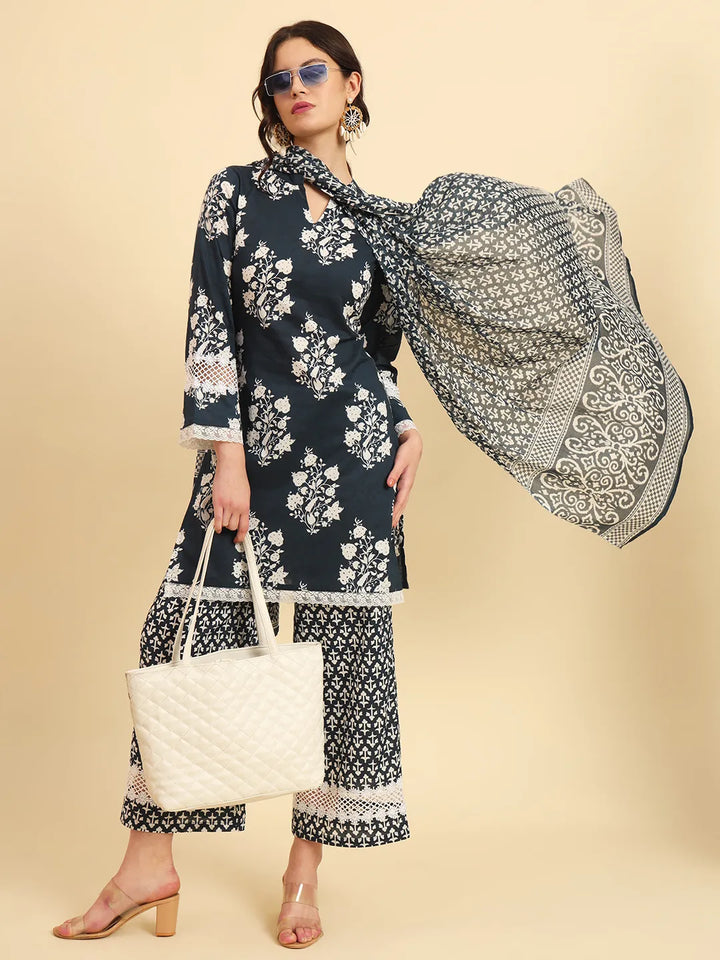 Pure Cotton Pakistani Style Kurta Set With Pant & Dupatta With Lace Detailing-Yufta Store-6155SKDNBM