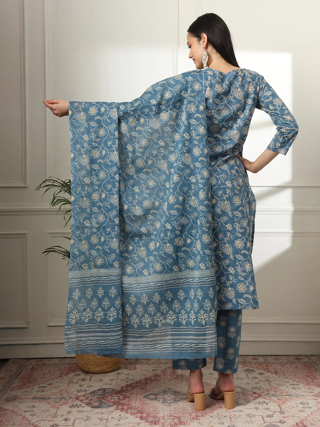 Pure Cotton Straight Blue Kurta Dupatta Set-Yufta Store-6169SKDBLM