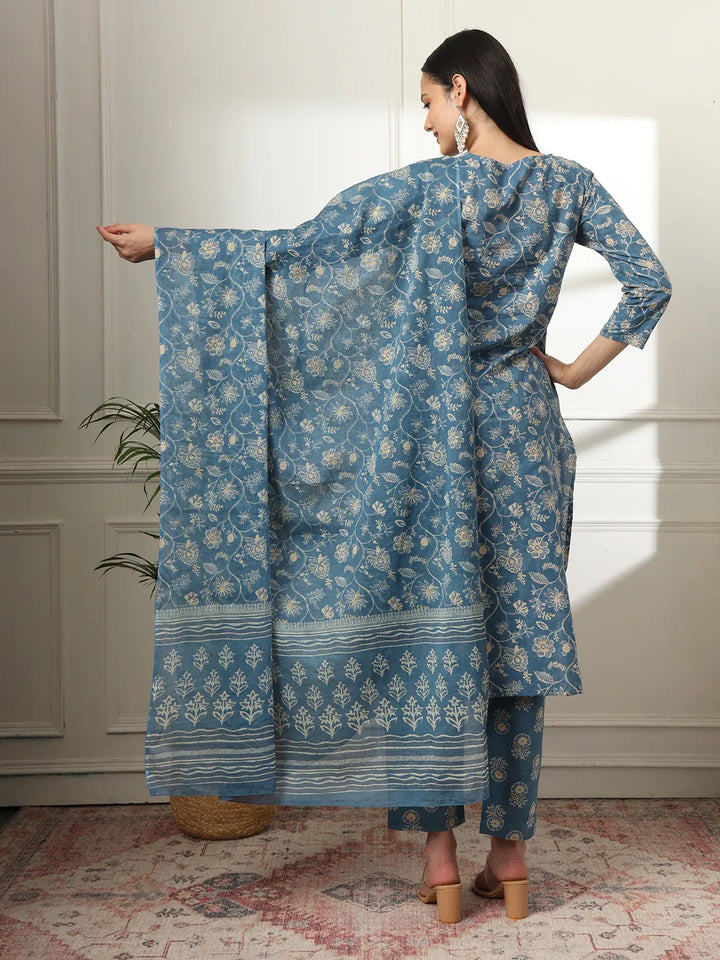 Pure Cotton Straight Blue Kurta Dupatta Set-Yufta Store-6169SKDBLM