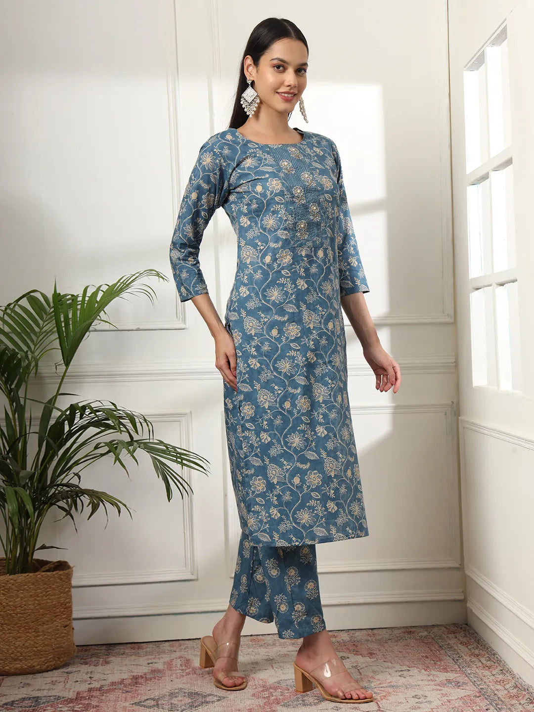 Pure Cotton Straight Blue Kurta Dupatta Set-Yufta Store-6169SKDBLM